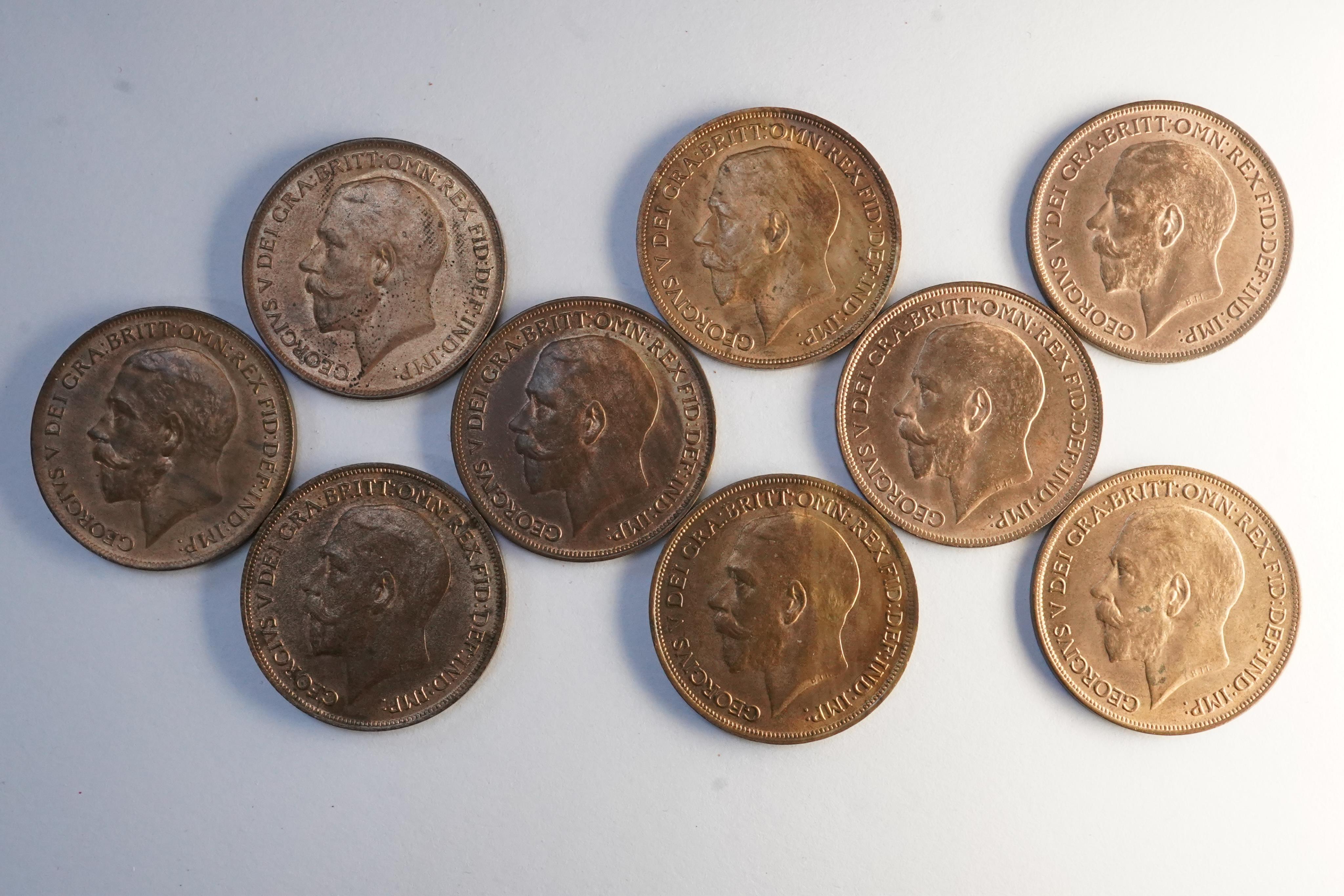 John Hill Collection., British coins, George V, a date set of bronze pennies (1911-1919), excludes Kings Norton and Heaton mint pennies, ranging from EF to UNC, the majority lustrous